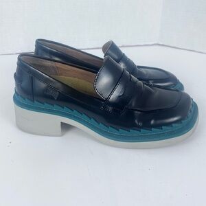 Camper Taylor Black Green Leather Loafer Womens 38/8 Patent Slip On Retro Chunky